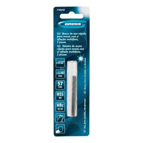 Broca Aço Rápido M2 3/32 X 57 mm Industrial 2 Peças Gross Profissional Para Metal