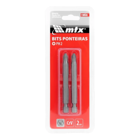 Kit 2 Bits Phillips Ph2 Aço Cromo Vanádio 75 mm Mtx Parafusadeira