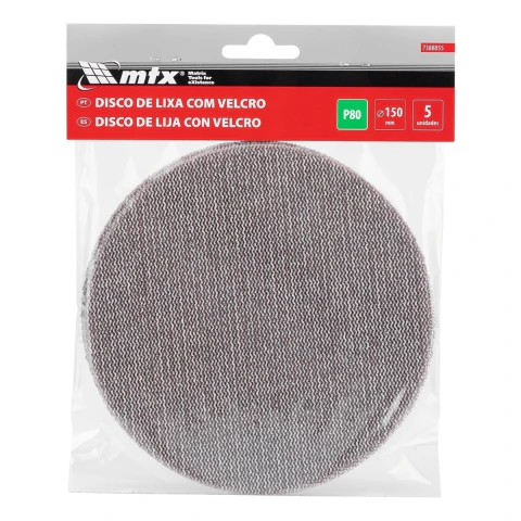 Disco de Lixa Telado com Velcro Grão 80 150mm 5 Unidades MTX