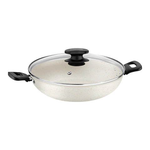 Panela Wok Tramontina Loreto 28 Cm 3,3 L Antiaderente Starflon Max Bege Com Tampa De Vidro