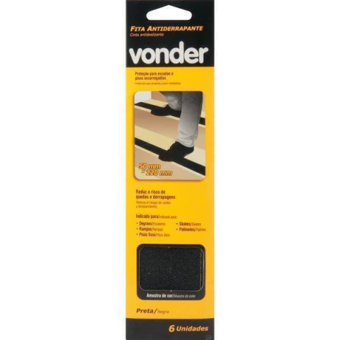 Fita antiderrapante 50mmx220mm preta com 6 peças Vonder