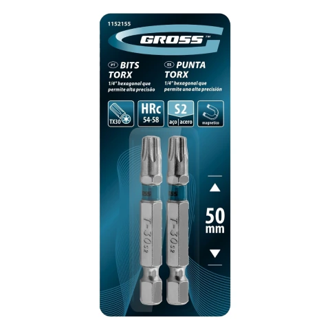 Bit Torx T30 50 mm Aço Cromo Molibdênio S2 Magnético 2 Peças Gross