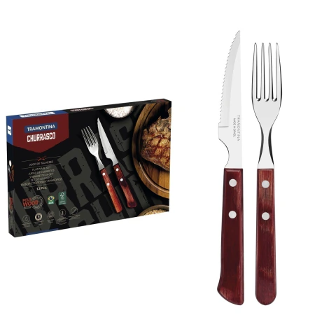 Jogo De Talheres Para Churrasco Tramontina Polywood 12 Peças Aço Inox Cabo Vermelho Resistente