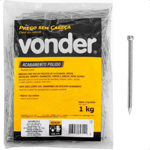 Prego sem Cabeça 13 x 15" (1.1/4 x 15") Polido 1 Kg Vonder