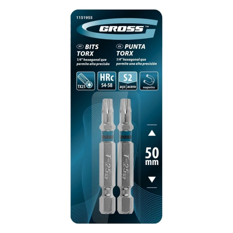 Bit Torx T25 50 Mm Aço S2 58 Hrc 2 Peças Gross Magnético