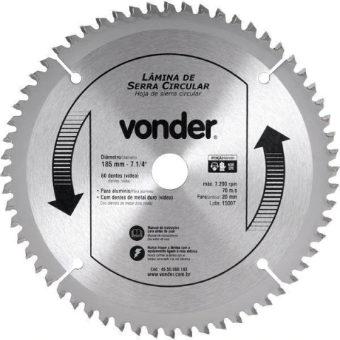 Lâmina Serra Circular 185x20mm 60 Dentes 7200 Rpm Vonder