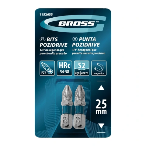 Kit 2 Bits Pozidriv Pz2 25 mm Aço Cromo Molibdênio S2 58 HRC Gross