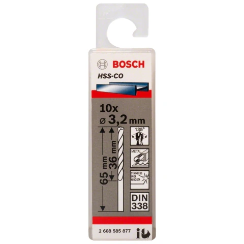 Broca Para Metal Bosch Aço Rápido Hss-Co 3,2mm 10 Peças