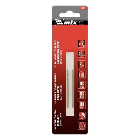 Broca Aço Rápido 2 mm HSS 5% Cobalto 2 Peças MTX Para Inox E Metal Duro