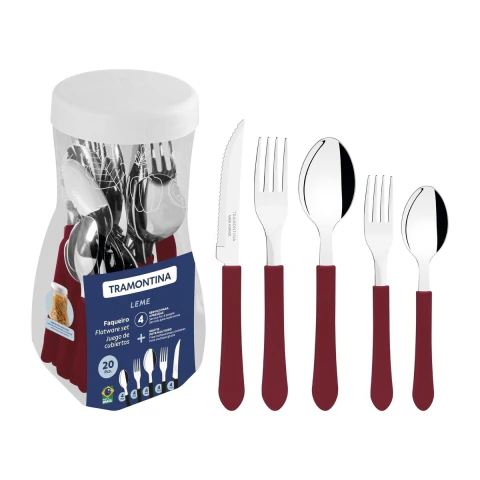 Faqueiro 20 Peças Tramontina Leme Aço Inox E Polipropileno Carmim Resistente Lavável Lava Louças