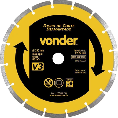Disco diamantado 230mm segmentado furo 22mm v3 Vonder