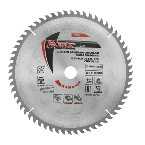 Disco Serra Circular Madeira 305mm 60 Dentes Aço 65Mn Liga YG8 MTX 7328055