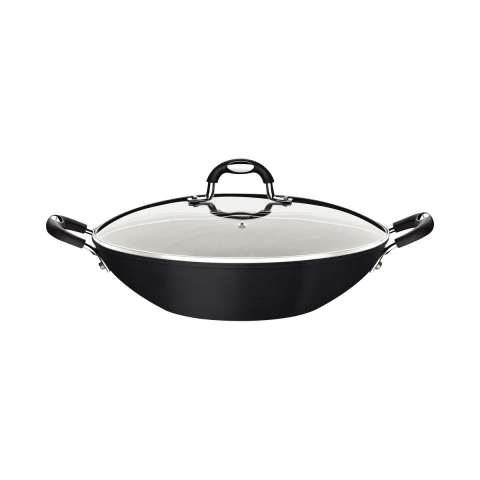 Panela Wok Tramontina Mônaco Induction 32 Cm 4,5 L Antiaderente Starflon Premium Preto Com Tampa De Vidro