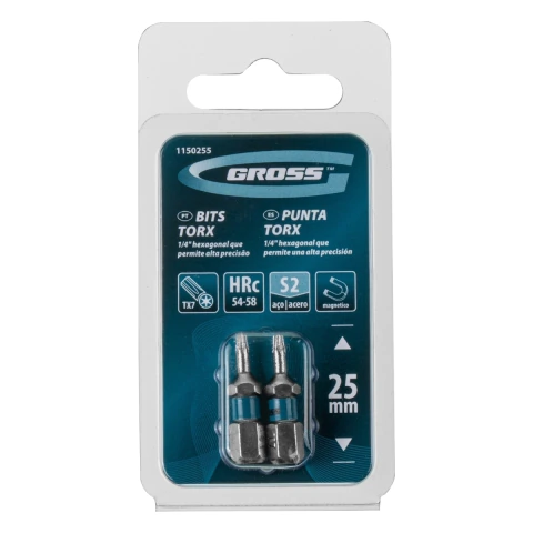 Bit Torx T7 Aço S2 25 mm Haste 1/4 Polegada 2 Peças Gross