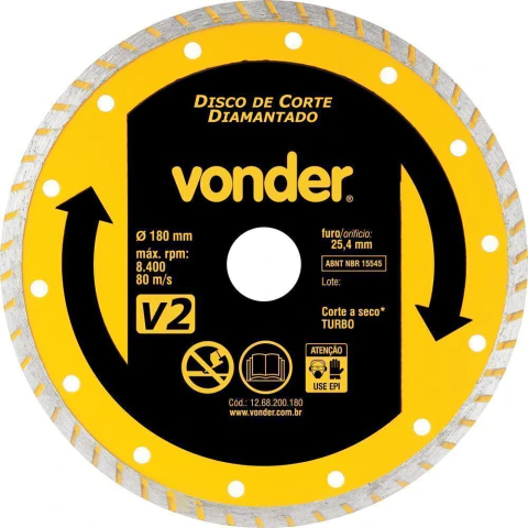 Disco diamantado 180mm turbo furo 25mm v2 Vonder