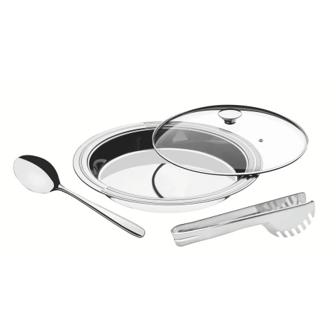 Kit Para Servir 3 Peças Tramontina Ciclo Redondo Em Aço Inox Com Tampa De Vidro E Brilho