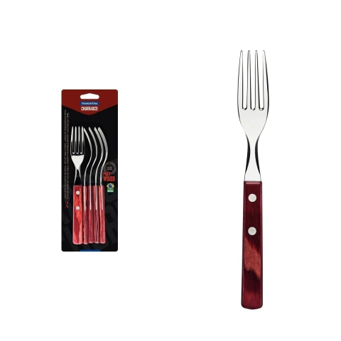 Conjunto 6 Garfos Para Churrasco Tramontina Polywood Vermelho Lâminas Aço Inox Madeira Tratada