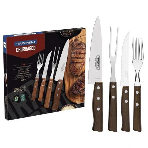 Jogo De Talheres Para Churrasco Tramontina Aço Inox E Madeira 14 Peças