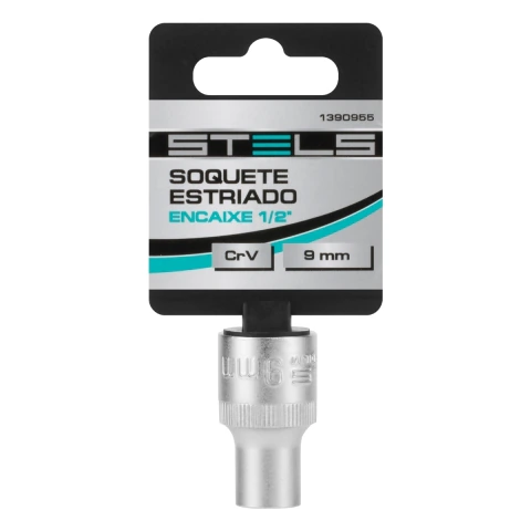 Soquete Estriado 9 mm Encaixe 1/2 Pol Aço Cromo Vanádio com Clip Stels