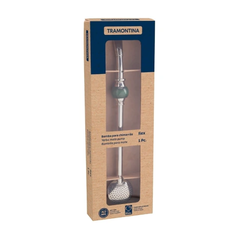 Bomba De Chimarrão Tramontina Ilex Aço Inox 25 Cm Com Rosca E Pedra Ágata Verde