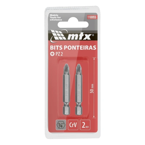 Kit 2 Bits Pozidriv Pz2 50 Mm Aço Cromo Vanádio 1/4 Mtx