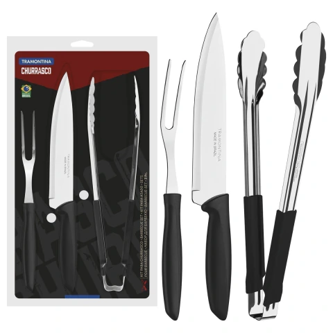 Kit Para Churrasco 3 Peças Tramontina Plenus Lâminas Aço Inox Cabo Polipropileno Preto Resistente