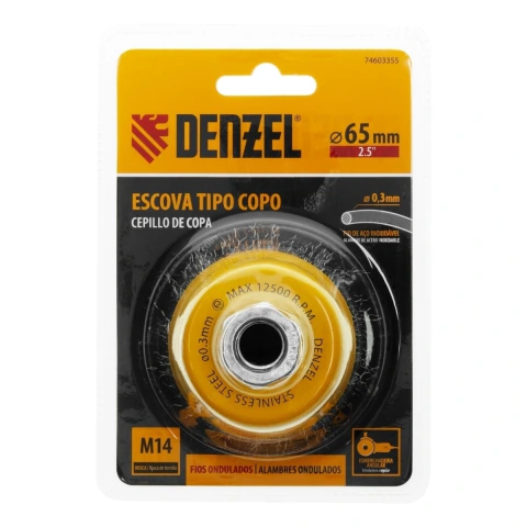 Escova Tipo Copo 65mm Rosca M14 Fios Ondulados Inox 0,3mm