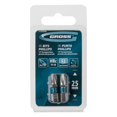 Kit 2 Bits Phillips Ph3 25 mm Aço S2 Cromo Molibdênio 58 HRC Magnetizado Gross