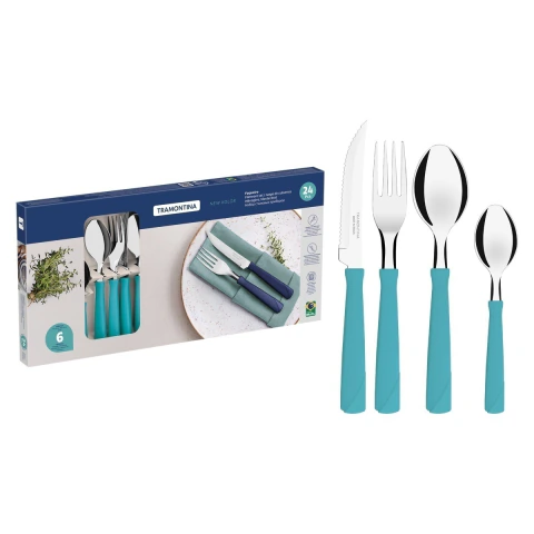 Faqueiro Tramontina New Kolor 24 Peças Aço Inox Cabos Polipropileno Verde Jantar Completo Resistente