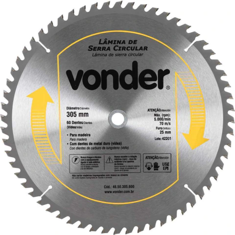 Lamina Serra Circular Videa 305X25X60D 305mm 60D 25mm 5000rpm Aço Carbono Nove54