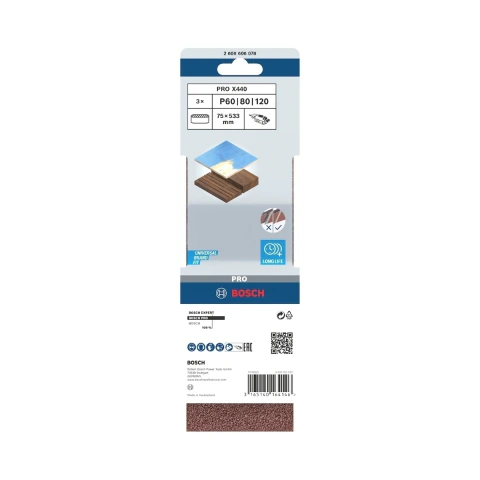 Jogo De Cinta De Lixa Bosch Pro X440 75X533mm G60/80/120 3Un