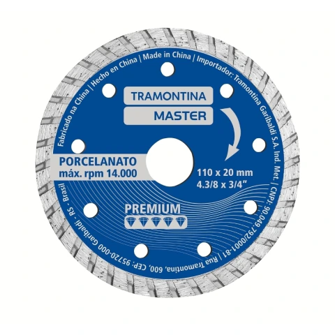 Disco de Corte Diamantado 80m/s 14.000rpm 4,3/8 20-16mm Porcelanato Resistência Alta Tramontina MASTER