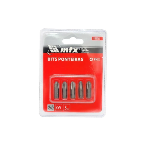 Kit 5 Bits Phillips Ph3 25 mm Aço Cromo Vanádio 1/4 Polegada Mtx
