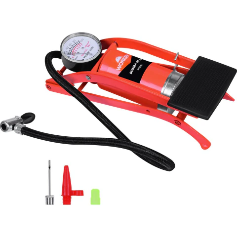 Bomba De Ar Pedal Manômetro Integrado Metal 49,5cm Para Pneus E Bolas Worker