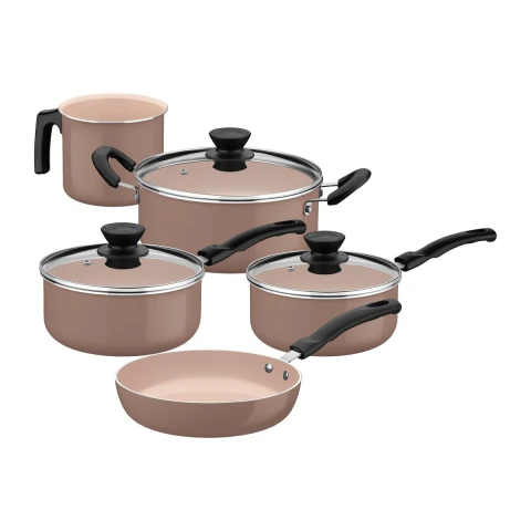 Jogo De Panelas 05 Peças Tramontina Évora Alumínio Cerâmico Silicone Capuccino