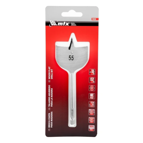 Broca Chata Madeira 55mm 150mm Haste Sextavada Aço 45 MTX