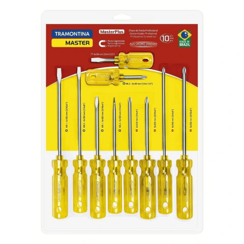Jogo de Chaves de Fenda 10 Peças Aço Cromo Vanádio Cromado DIN ISO 2380 PVC Amarelo Tramontina Master