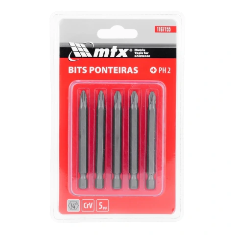 Bits Philips PH2 5x75mm Aço CrV 54 HRC 1/4 Pol. 5 Peças MTX