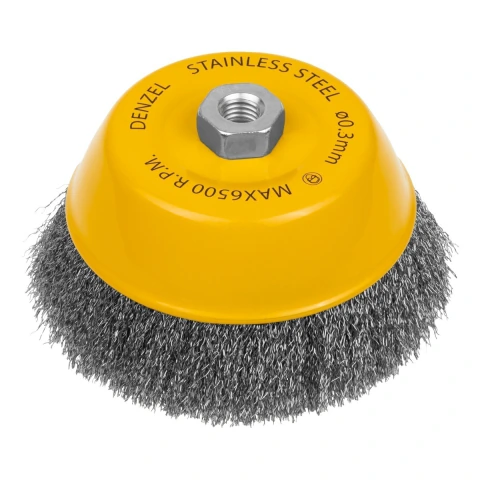 Escova Tipo Copo 150mm Fios Ondulados Inox Denzel M14 0,3mm Para Retificadora