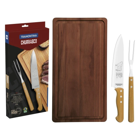 Kit Churrasco Tramontina 3 Peças Faca 8 Polegadas Garfo Trinchante E Tábua De Madeira Aço Inox