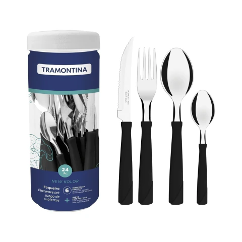 Faqueiro Tramontina New Kolor 24 Peças Aço Inox Cabos Polipropileno Preto Resistente Completo