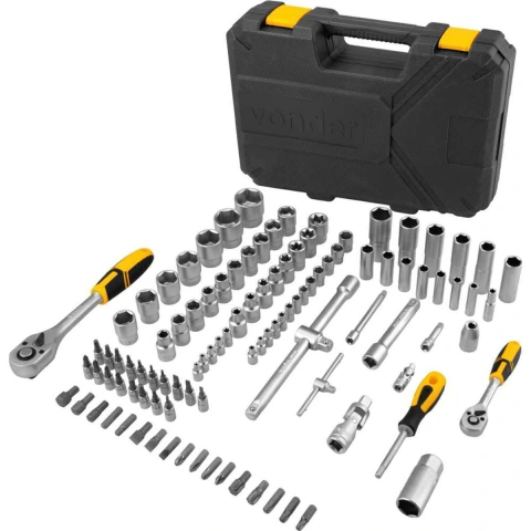 Jogo de Soquetes Ponteiras 1/4" e 1/2" com Catraca 108 peças Vonder Aço Cromo CRV Maleta Completo