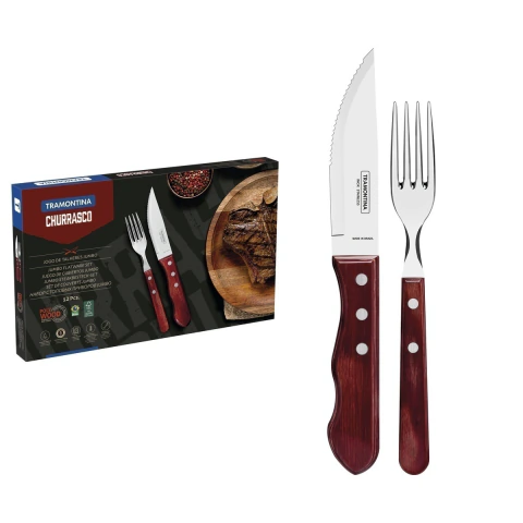 Jogo De Talheres Para Churrasco Jumbo Tramontina 12 Peças Aço Inox E Cabo Polywood Vermelho