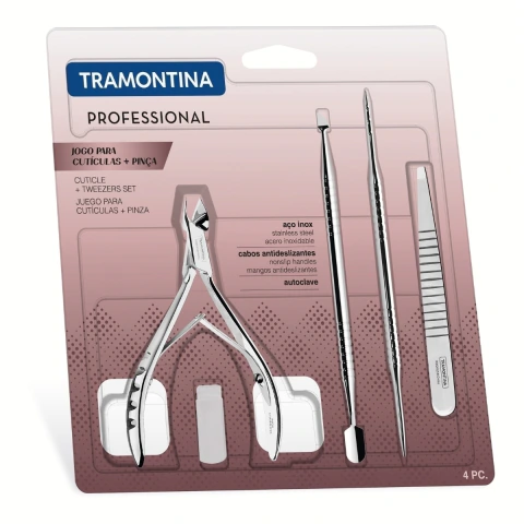 Kit Manicure Tramontina 4 Peças Aço Inox Alicate Pinça Empurrador Palito Esterilizável Autoclave