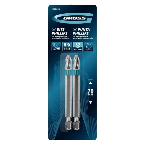 Kit 2 Bits Phillips Ph2 70 mm Aço Cromo Molibdênio Haste 1/4 Polegada Gross