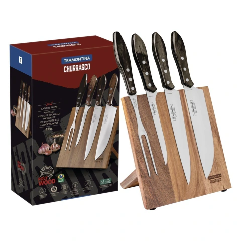 Jogo Para Churrasco Tramontina 5 Peças Aço Inox Polywood Castanho E Suporte Magnético