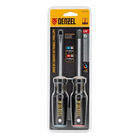 Jogo De Chaves Fenda E Phillips PH2 SL6 100mm 2 Peças Aço CrV Denzel