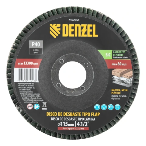 Disco De Desbaste Tipo Flap Carbeto De Silício Grão 40 115 X 22,2 mm Denzel 7402755