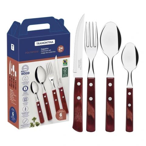 Faqueiro Tramontina Polywood 24 Peças Vermelho Aço Inox E Madeira Tratada Jogo De Talheres