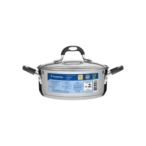 Caçarola Rasa Tramontina Astro Silicone 16 cm 1,4 L Aço Inox Fundo Triplo Tampa Vidro Indução